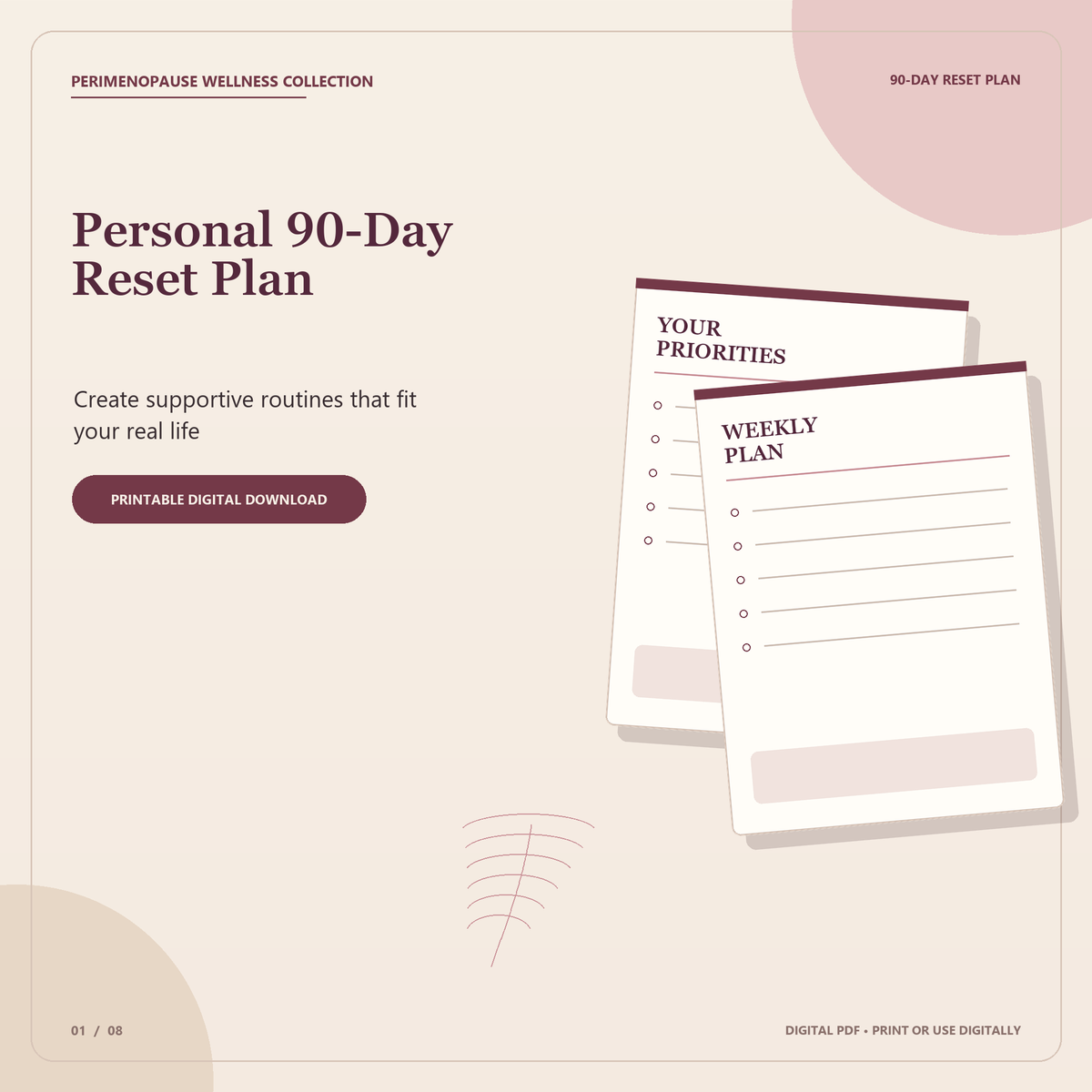 Perimenopause 90-Day Personal Reset Plan | Printable Wellness Planner for Women